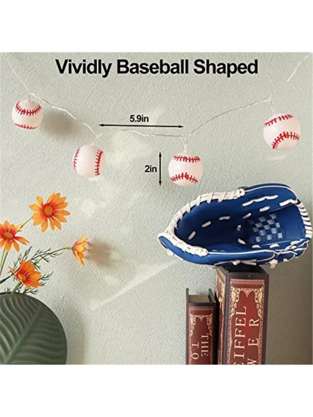 Baseball LED String Lights Warm White Battery Timer Boys Room Sport Decor